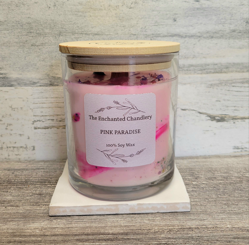 Pink Paradise 12oz Soy Candle – Uplifting Floral Citrus Scent | Hand-Poured, Clean-Burning, Wickless or Wooden Wick - The Enchanted Chandlery