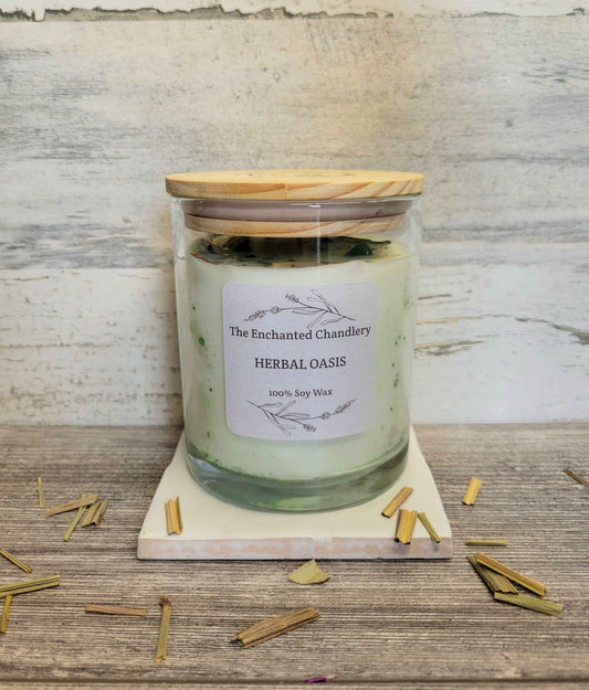 Herbal Oasis – Scented Soy Candle | Wooden Wick, Clean-Burning (6 oz)